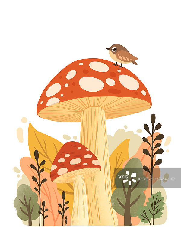 秋天小鸟站在蘑菇上的场景图片素材