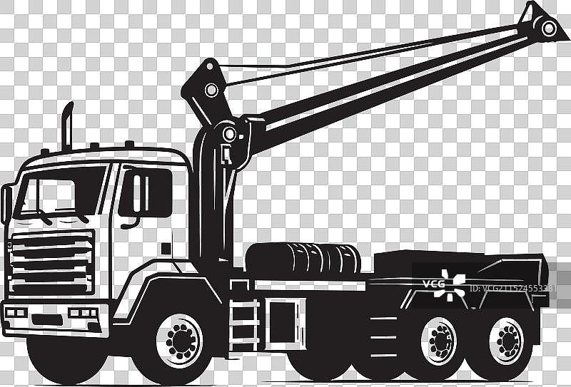 泰坦卡车起重机塔标志，指向天空图片素材