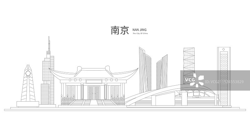 南京中国风黑白线条地标建筑描边插画矢量图片素材
