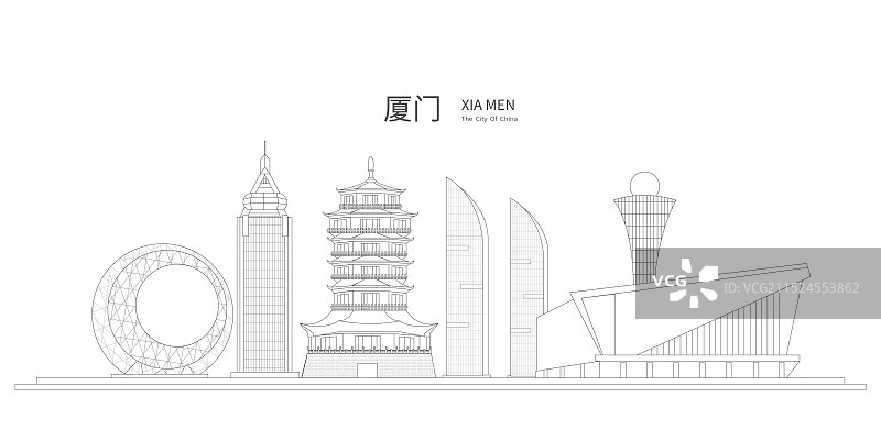 厦门中国风黑白线条地标建筑描边插画矢量图片素材