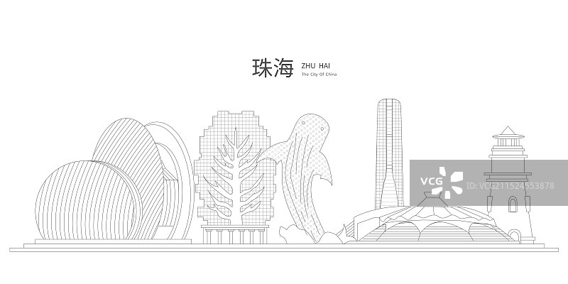 珠海中国风黑白线条地标建筑描边插画矢量图片素材