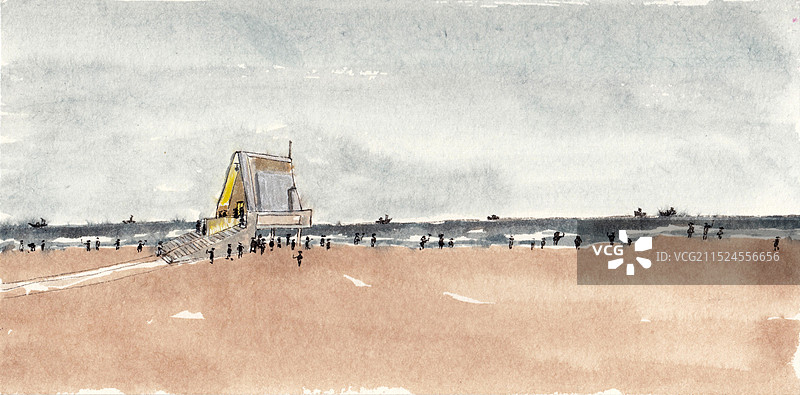 手绘水墨海滩风景插画图片素材