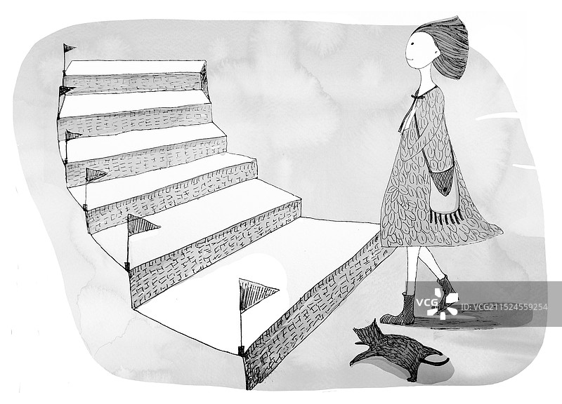 成功阶梯女孩和猫爬楼图片素材