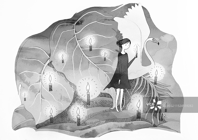 点燃蜡烛女孩和鹤图片素材