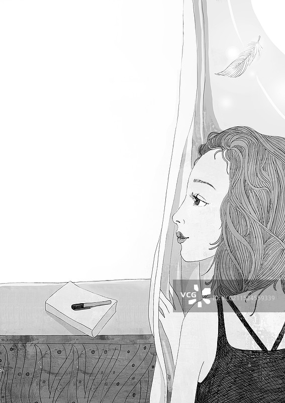 女孩窗台看图片素材