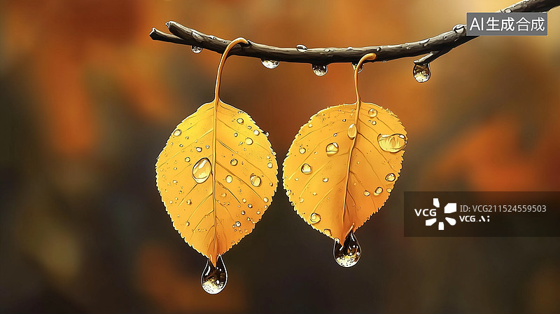 【AI数字艺术】秋天的两片黄色树叶挂在树枝上图片素材