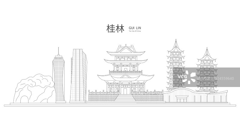 桂林中国风黑白线条地标建筑描边插画矢量图片素材