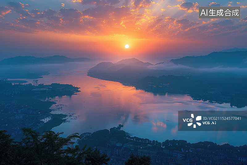 【AI数字艺术】日出晨曦天空山脉河流图片素材