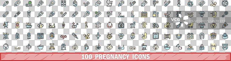 100个彩色线条风格怀孕图标合集图片素材