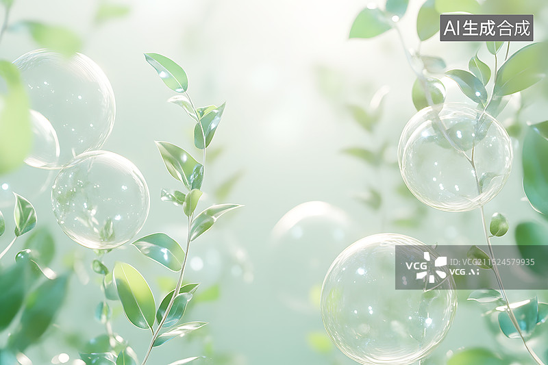 【AI数字艺术】AIGC：小清新背景 植物上的气泡特写镜头 插图插画图片素材