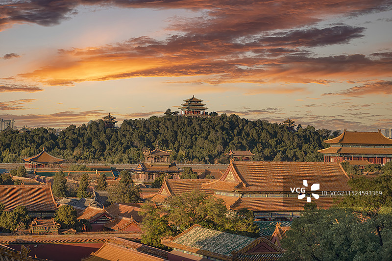日落晚霞北京中轴线故宫和景山万春亭图片素材