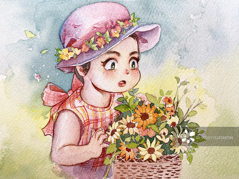 捧着花篮的小女孩水彩插画图片素材