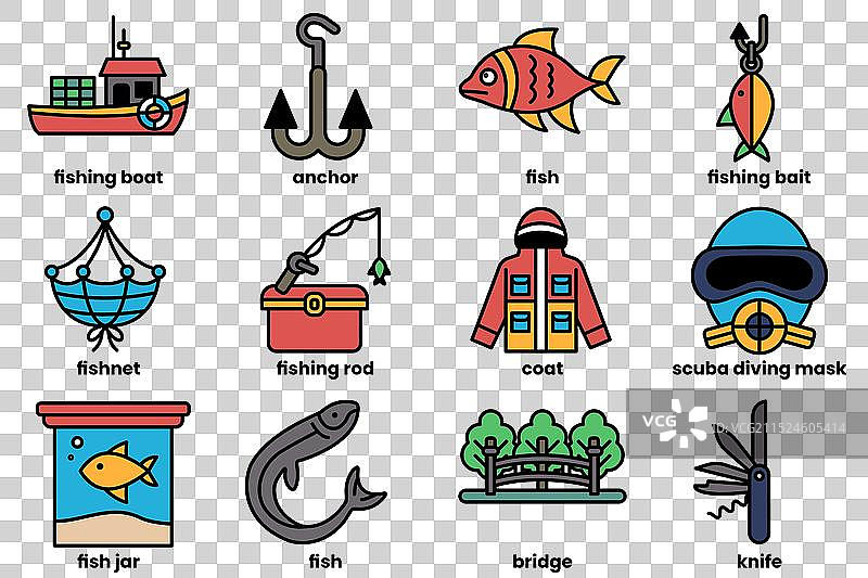 线性风格钓鱼和露营图标集合图片素材