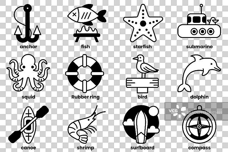 线性风格钓鱼和露营图标集合图片素材