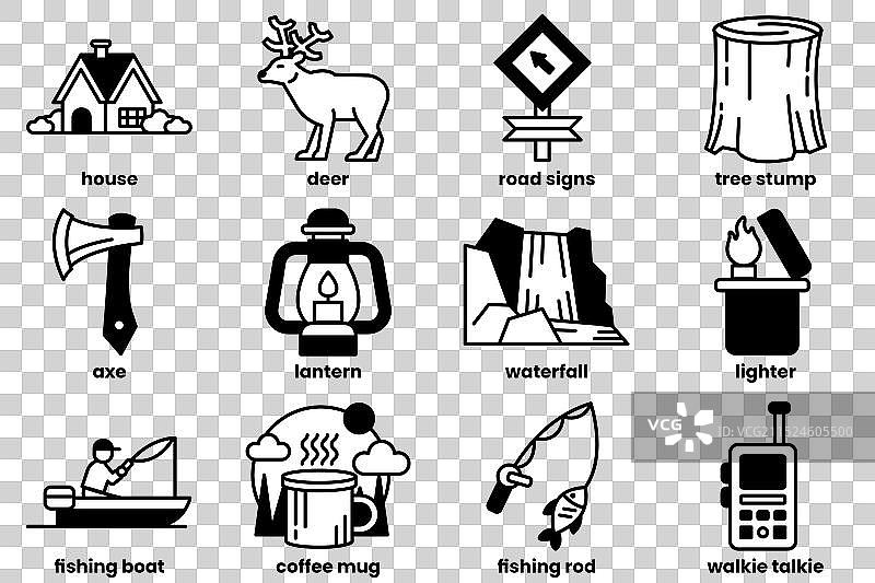 线性风格钓鱼和露营图标集合图片素材