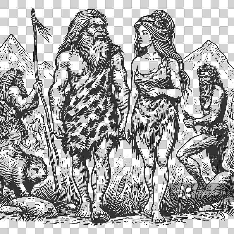 史前穴居人和女性场景图片素材