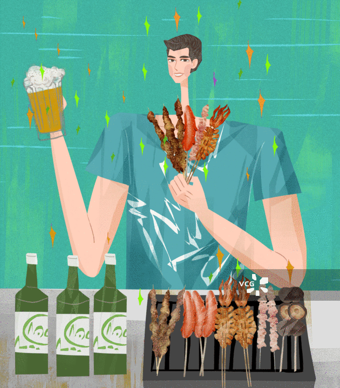 男孩啤酒撸串插画GIF动图图片素材
