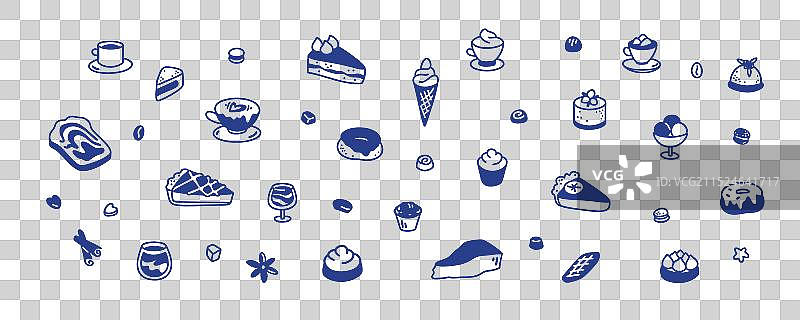 可爱线条涂鸦甜点套装蛋糕和苹果图片素材