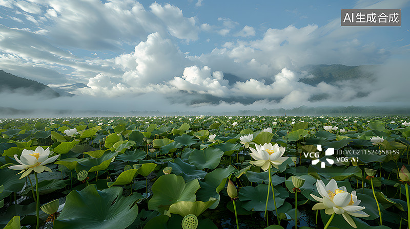 【AI数字艺术】夏天白荷花荷塘风景图片素材
