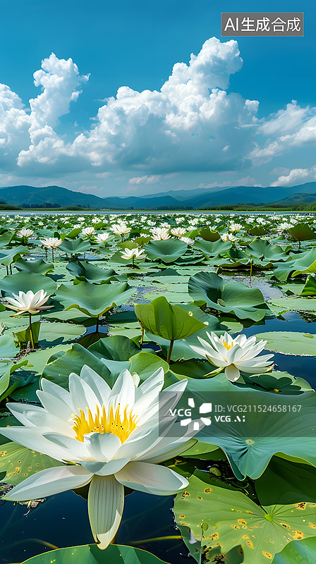 【AI数字艺术】夏天白荷花荷塘风景图片素材