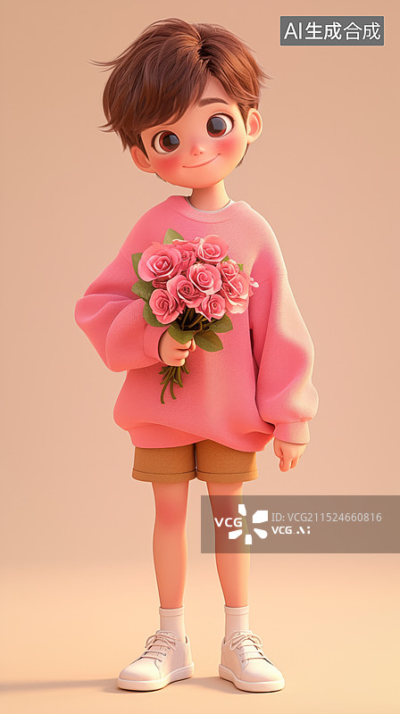 【AI数字艺术】手捧鲜花的小男孩图片素材