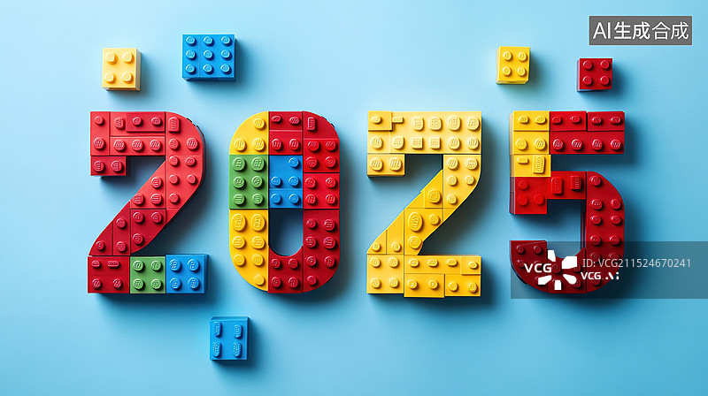 【AI数字艺术】创意3D抽象设计的数字2025彩色乐高由玩具形成的蓝色背景几何形状象征儿童玩耍时光适合庆祝和节日图片素材