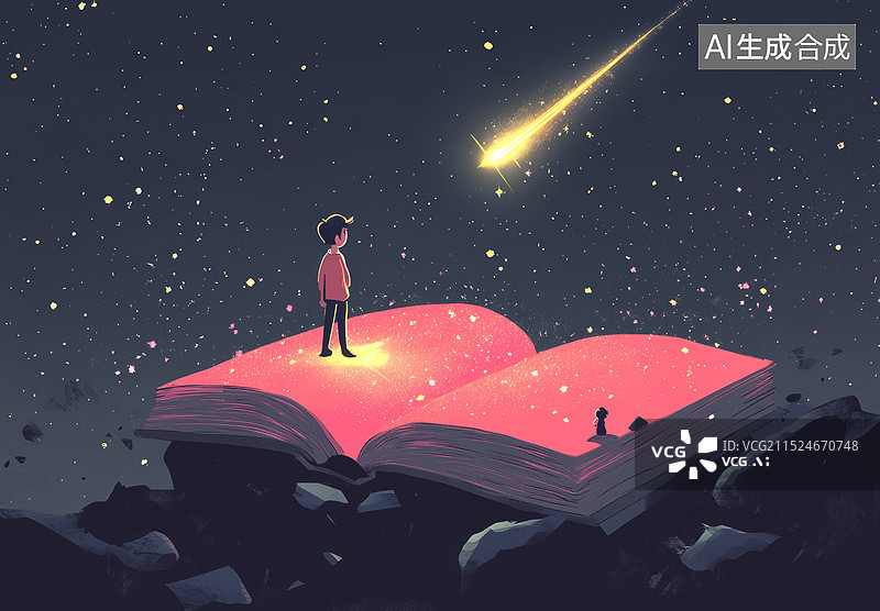 【AI数字艺术】一个小男孩站在一本打开的书上，抬头看着天空中的星星，背景是黑色的星空和星云图片素材