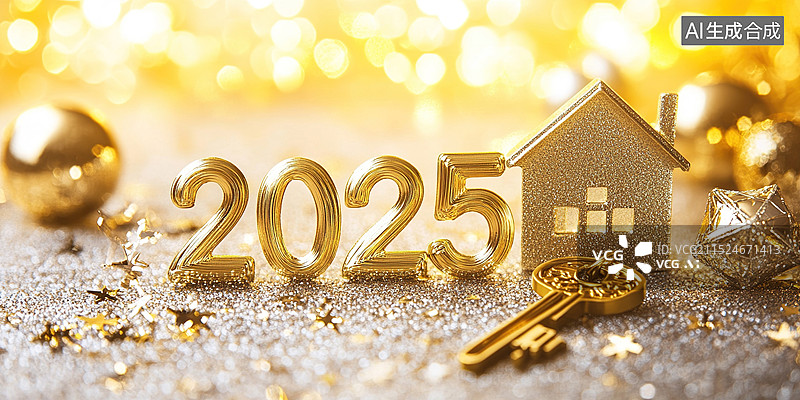 【AI数字艺术】抽象创意数字2025设计，金色房子和钥匙图标组合黄色背景房地产广告象征家庭预算规划、投资、储蓄和抵押图片素材