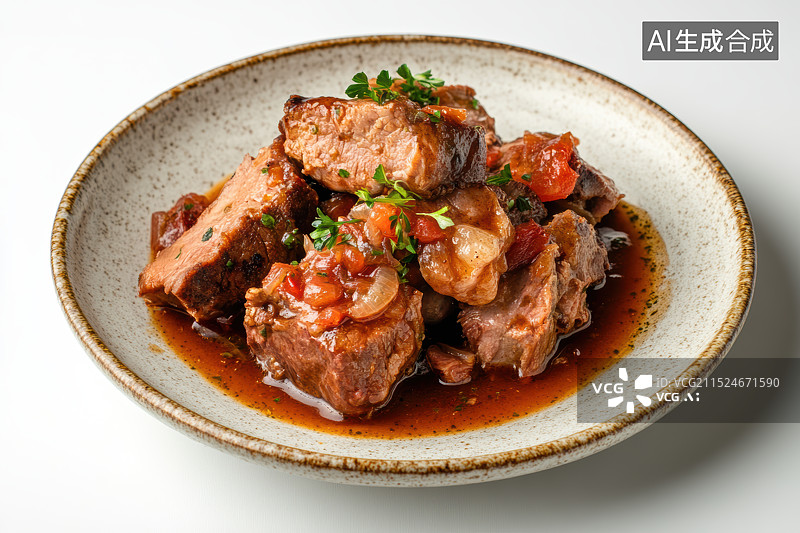 【AI数字艺术】陶瓷盘子上的红烧肉 白色背景图片素材