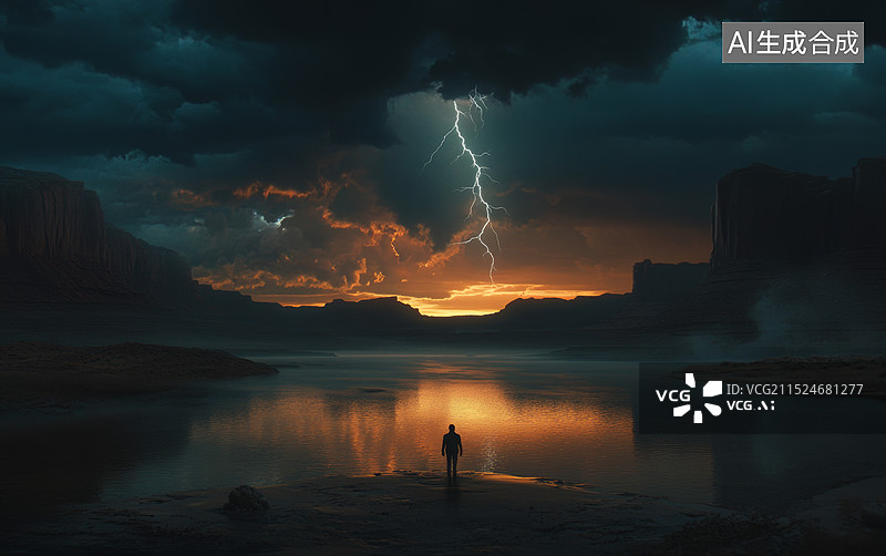 【AI数字艺术】一个人行走，天上乌云密布，电闪雷鸣，仿佛世界末日来临图片素材
