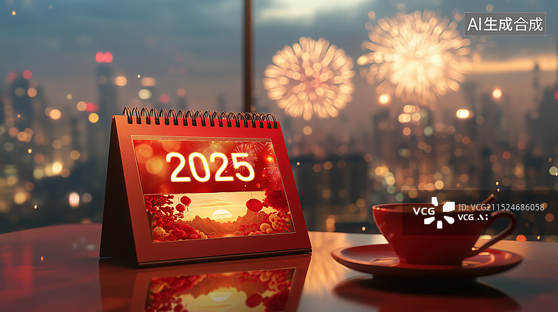 【AI数字艺术】桌面上的台历和咖啡杯，2025年，烟火图片素材