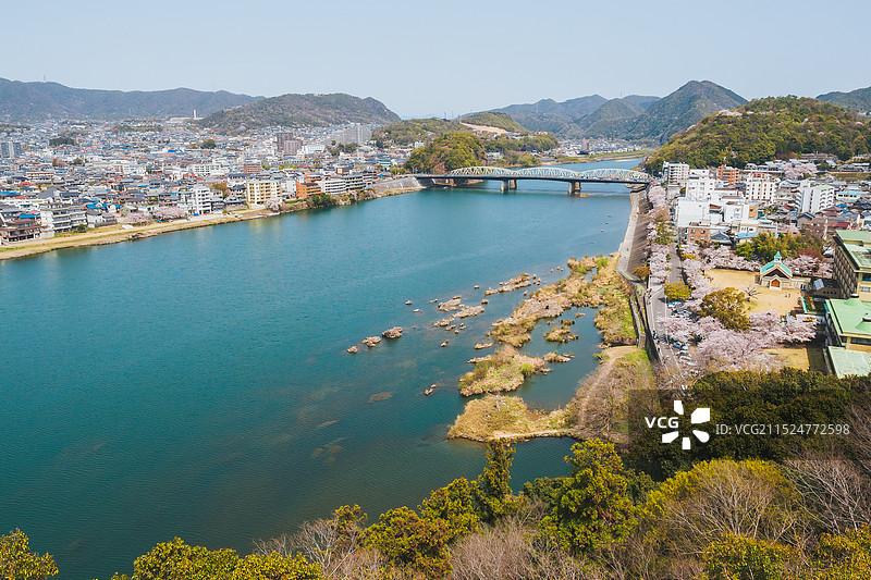 春天樱花季犬山城畔木曾川美丽风景图片素材