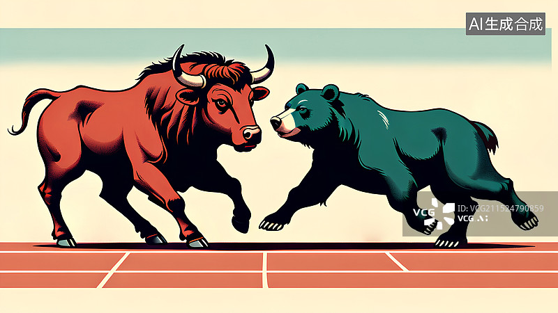 【AI数字艺术】金融股市主题插画 牛熊在赛道上竞争图片素材