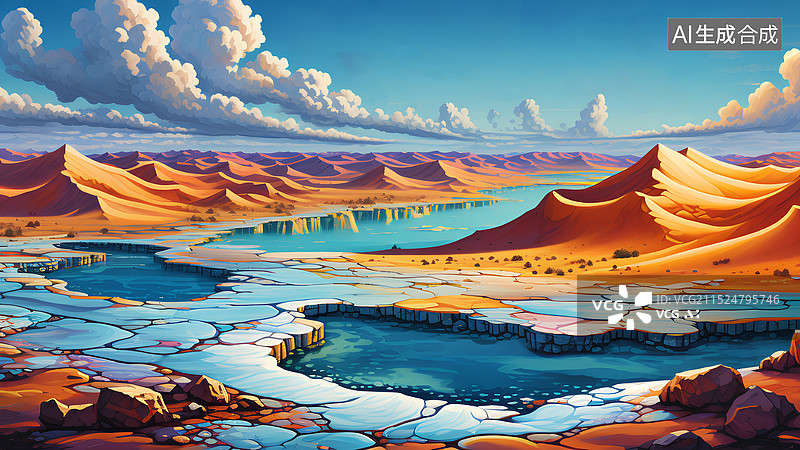 【AI数字艺术】风景插画 沙漠对天全景图片素材