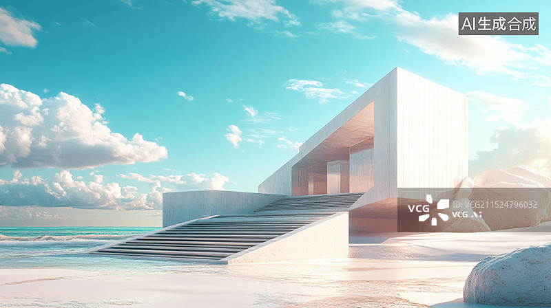 【AI数字艺术】夕阳下的海边抽象建筑图片素材