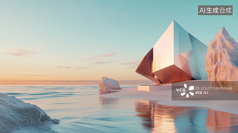 【AI数字艺术】夕阳下的海边抽象建筑图片素材