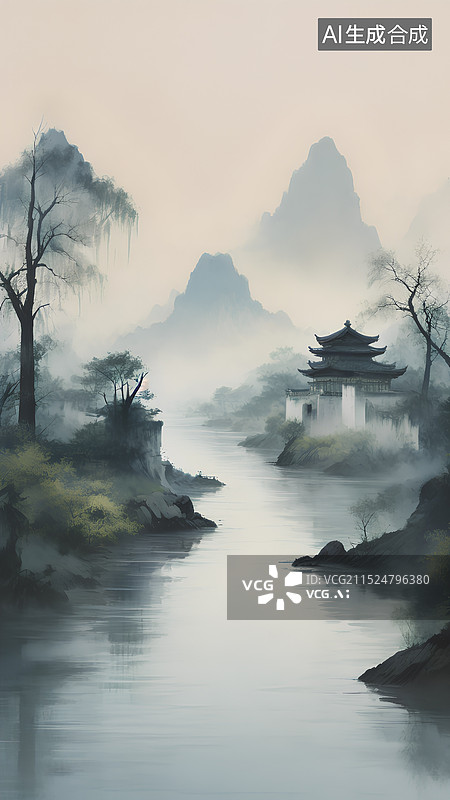 【AI数字艺术】中国画 江南水乡写意画图片素材
