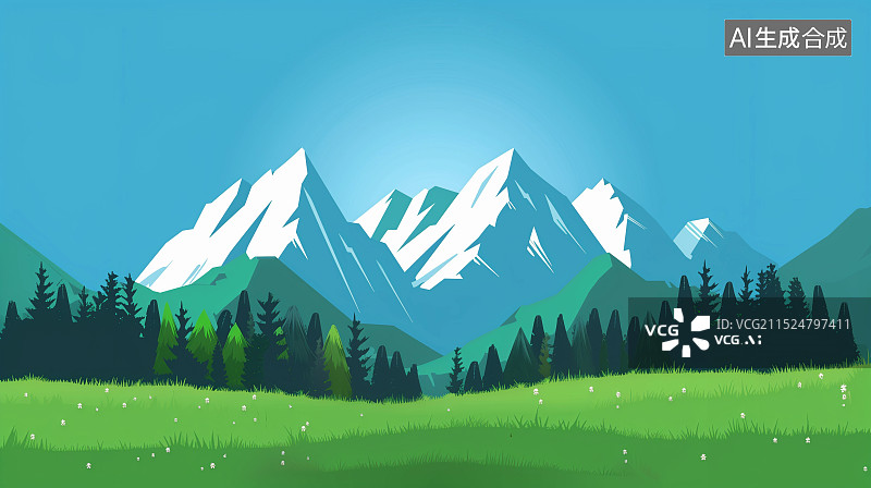 【AI数字艺术】蓝天雪山森林草原草地图片素材