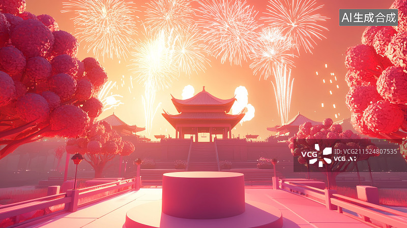 【AI数字艺术】满月下的烟花与古代建筑图片素材