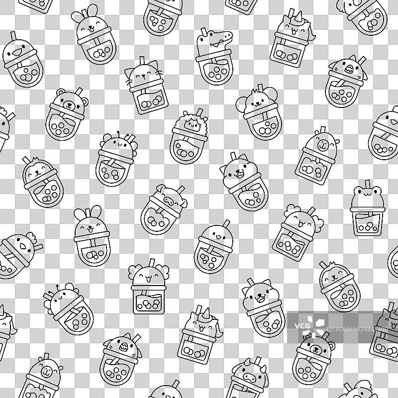 动物面孔抹茶珍珠奶茶无缝图案图片素材