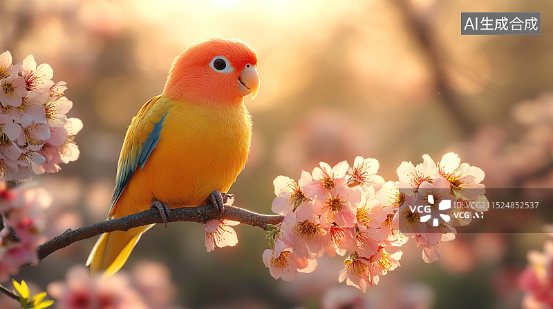 【AI数字艺术】鹦鹉在盛开的桃花枝头图片素材