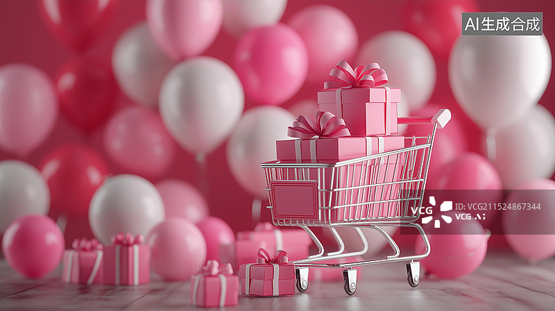 【AI数字艺术】双十一电商购物节主题海报——购物车与粉色礼物和气球图片素材