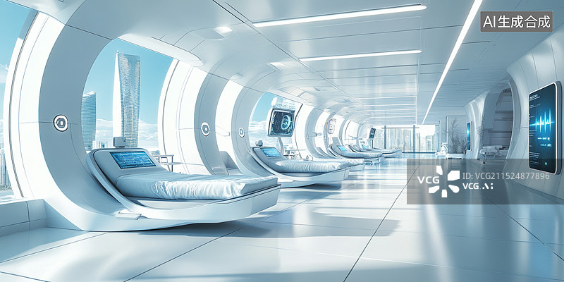 【AI数字艺术】一个医院病房，房间内有多张病床，每张床上都有显示屏，房间内还有多个显示屏，窗外是城市风光图片素材