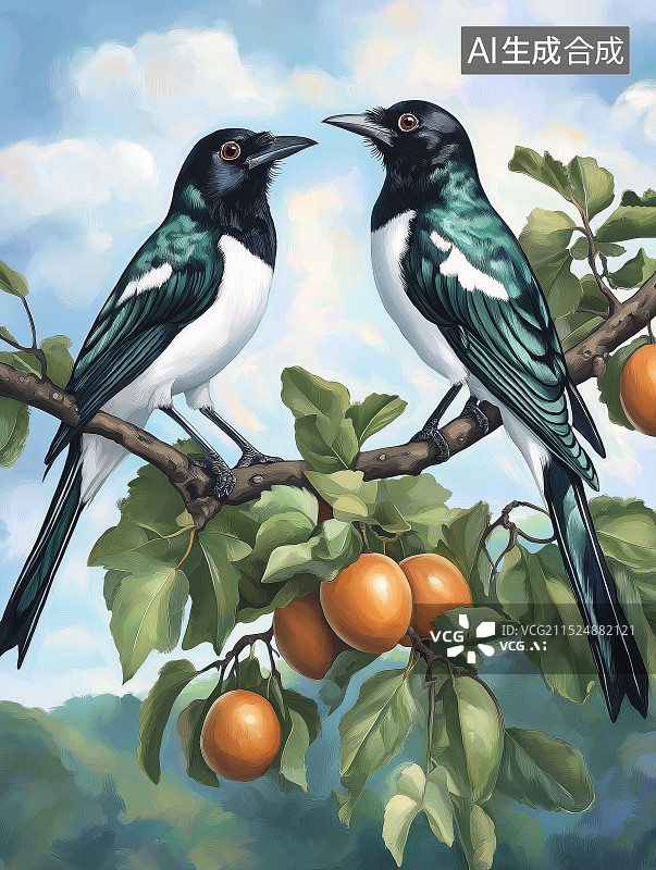 【AI数字艺术】两只喜鹊栖息在一棵挂满果子的柿子树上，背景是蓝天白云图片素材