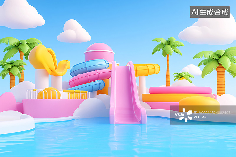 【AI数字艺术】儿童水上乐园的三维渲染图片素材
