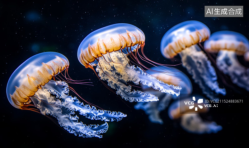 【AI数字艺术】深海里发光水母的特写照片，水母通体透明，触须很长，呈蓝黄色图片素材