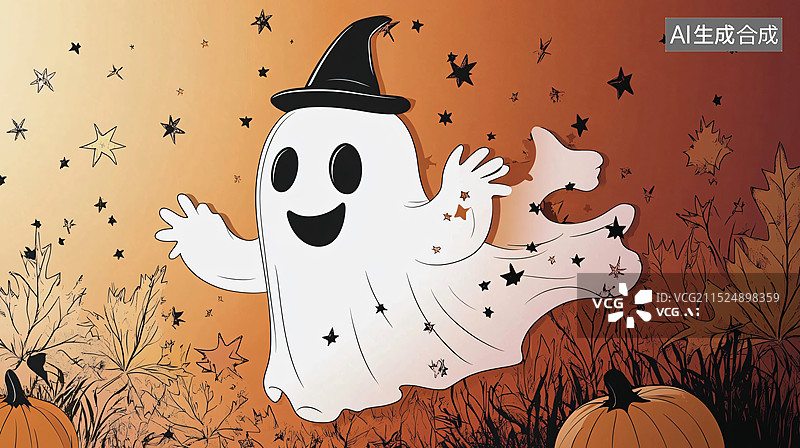 【AI数字艺术】以万圣节为主题的插画，通常采用卡通风格，强调了节日的氛围和装饰元素。每张图片都以橙色为背景，突出了秋图片素材