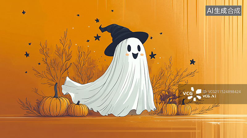 【AI数字艺术】以万圣节为主题的插画，通常采用卡通风格，强调了节日的氛围和装饰元素。每张图片都以橙色为背景，突出了秋图片素材