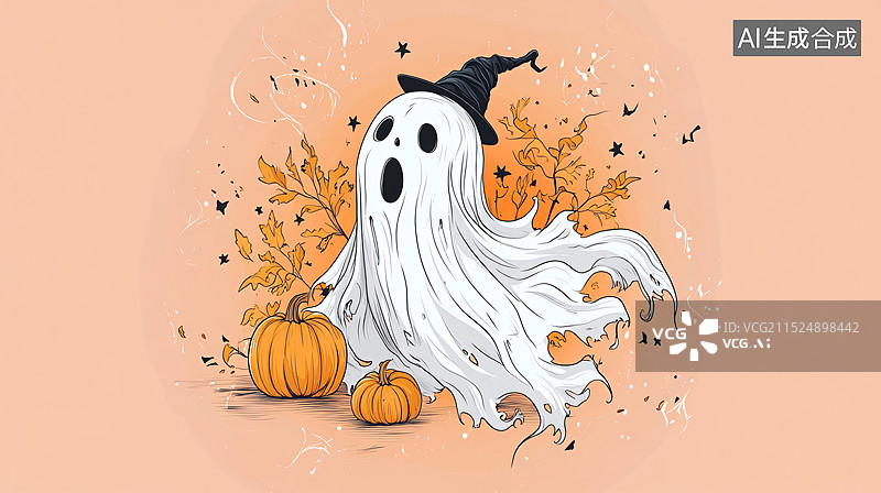 【AI数字艺术】以万圣节为主题的插画，通常采用卡通风格，强调了节日的氛围和装饰元素。每张图片都以橙色为背景，突出了秋图片素材
