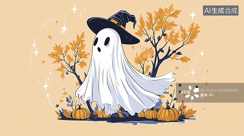 【AI数字艺术】以万圣节为主题的插画，通常采用卡通风格，强调了节日的氛围和装饰元素。每张图片都以橙色为背景，突出了秋图片素材